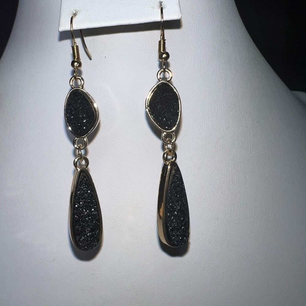 Black Druzy and Gold Tone Double Drop Earrings
